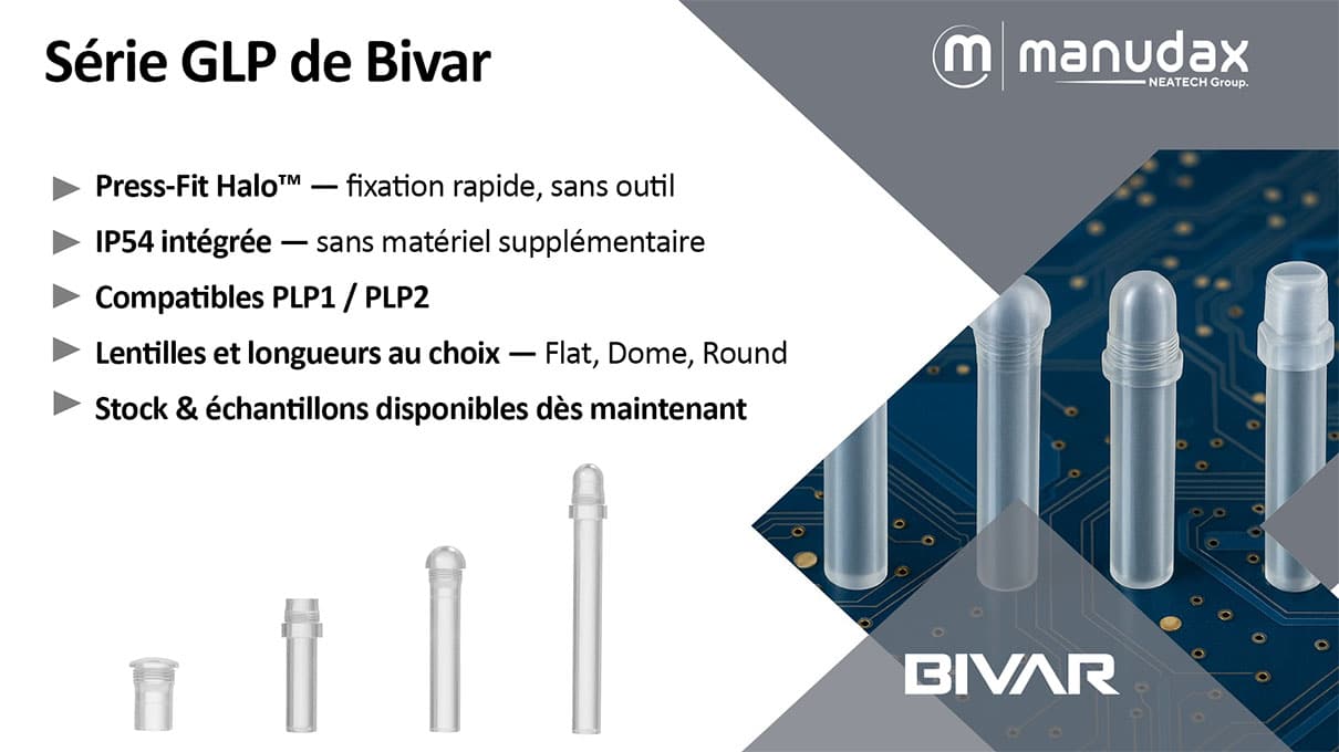 Nouvelle série GLP de Bivar : guides de lumière IP54 à montage Press-Fit, compatibles PLP1/PLP2