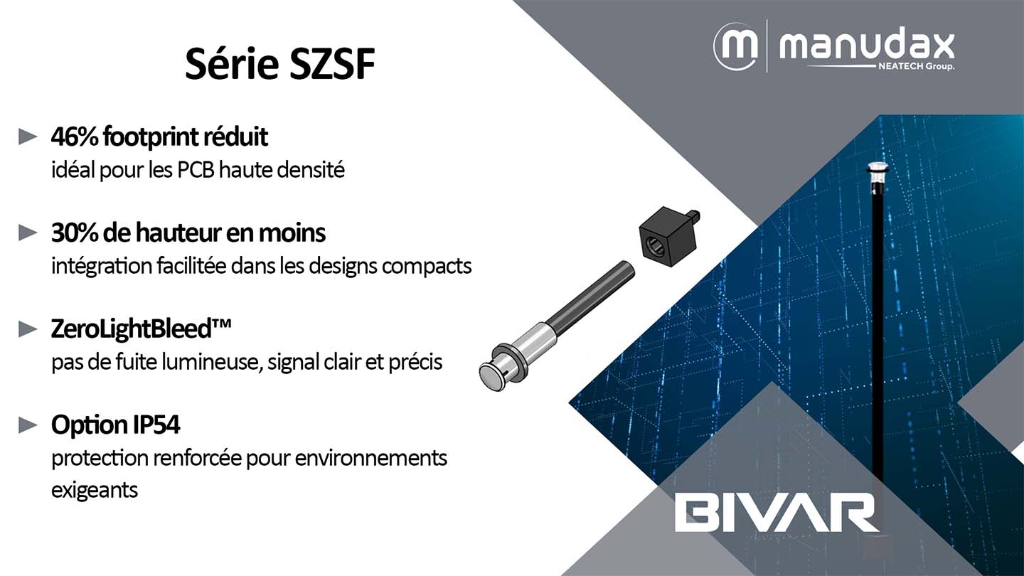 Bivar dévoile la série SZSF, un système de guides de lumière flexibles à faible encombrement, spécialement conçu pour les designs électroniques compacts et à forte densité. Avec une empreinte d’adaptateur réduite de 46% et une réduction de hauteur de 30%, la SZSF répond directement à la question : 👉 “Avez-vous quelque chose de plus petit ?”
